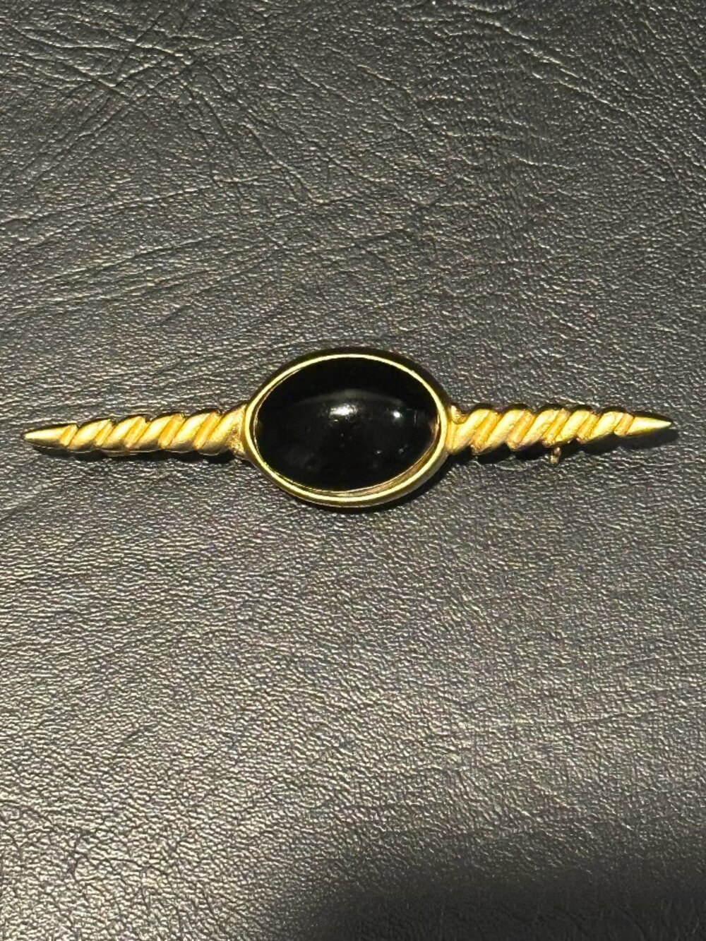 Vintage Brushed Gold-Tone Brooch Pin with Black Cabochon Stone 2.5" long